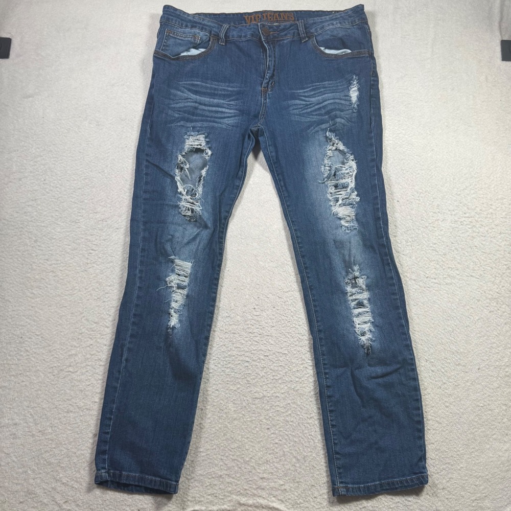V.I.P. Jeans Distressed Straight Leg Womens 16W Blue Excellent Ripped Stretch